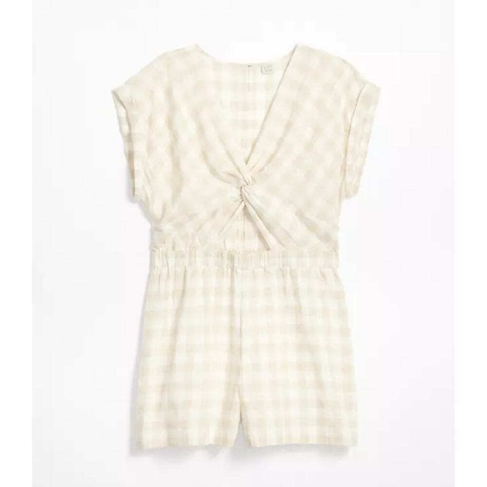 LOFT Ann Taylor Beach Romper Women’s Size L Cream/Tan Gingham Shorts Cut-Out